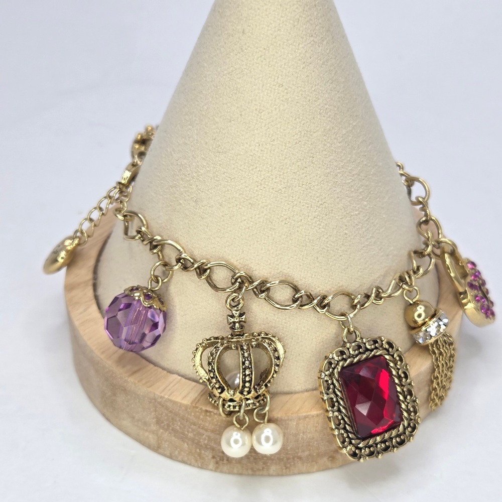 QVC Quacker Factory Gold Tone‎ Charm Bracelet Crown Heart Gem Tassel